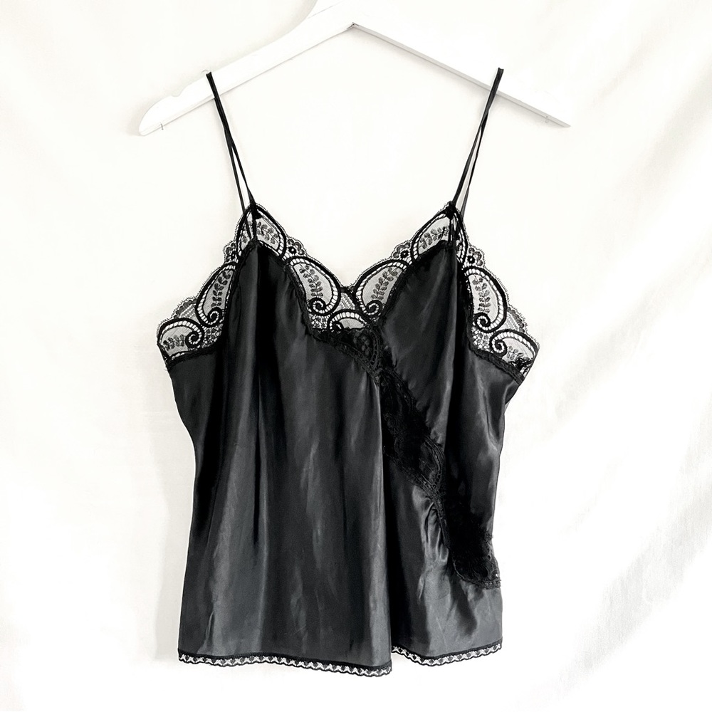 VINTAGE LAUREN ALEXANDRA BLACK SILK & LACE CAMI TANK TOP — LINGERIE SEXY — S/M
